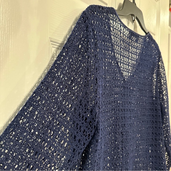 Norton Studio Size L Navy Crochet Poly Knit Short Jacket Mettallic Ribbon 3/4 Sl - Picture 5 of 5